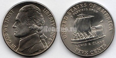 монета США 5 центов 2004D год 200-лет экспедиции