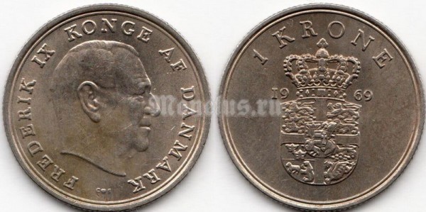 монета Дания 1 крона 1969 год