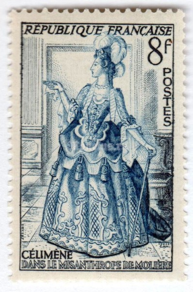 марка Франция 8 франков "French theater. Celimene in Molière's Misanthrope" 1953 год 