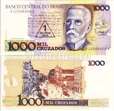бона Бразилия 1000 крузадо (1 новый) 1989 год на 1000 крузадо 1988 год
