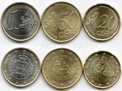 Сан Марино набор из 3-х монет 1 евро, 50 евроцентов, 20 евроцентов