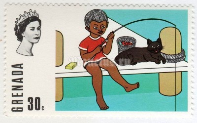 марка Гренада 30 центов "Boy Fishing, cat" 1970 год