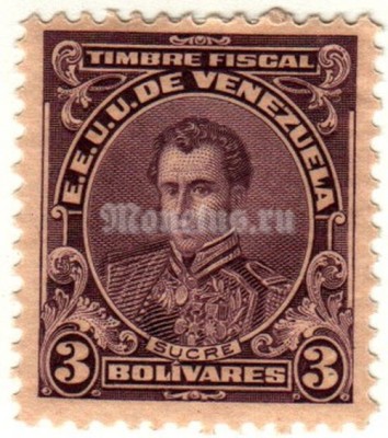 марка Венесуэла 3 боливар 1904-07 год Антонио Хосе де Сукре