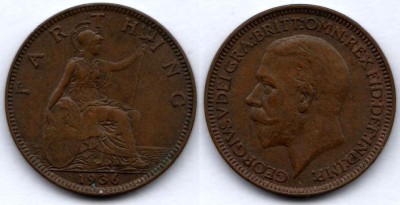 монета Великобритания 1 фартинг 1936 год