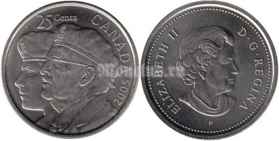 Монета Канада 25 центов 2005 год Год ветеранов II мировой войны