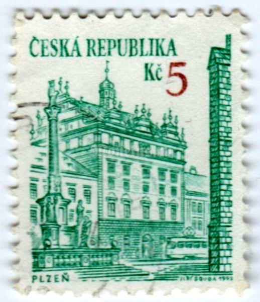 марка Чехия 5 крон "Plzeň" 1993 год гашение