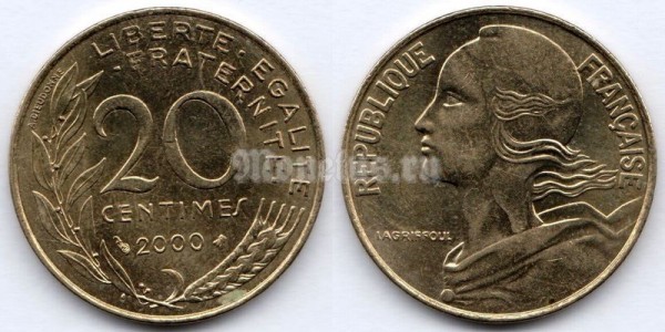 монета Франция 20 сантимов 2000 год