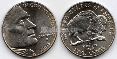 монета США 5 центов 2005D год Бизон