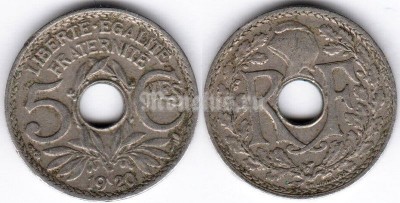 монета Франция 5 сантимов 1920 год