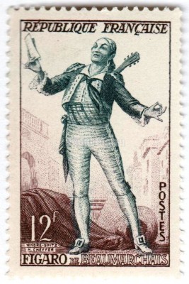 марка Франция 12 франков "French theater. Beaumarchais' Figaro" 1953 год 