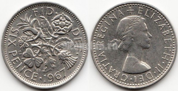 монета Великобритания 6 пенсов 1967 год
