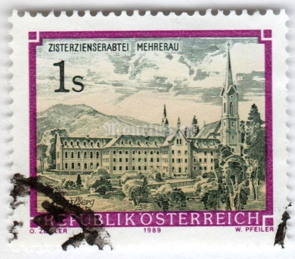 марка Австрия 1 шиллинг "Cistercian Abbey Mehrerau" 1989 год Гашение