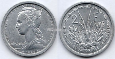 монета Французская Экваториальная Африка 2 франка 1948 год
