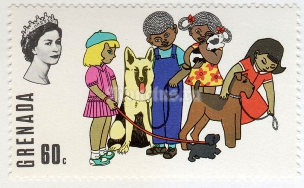 марка Гренада 60 центов "Children with Pets" 1970 год