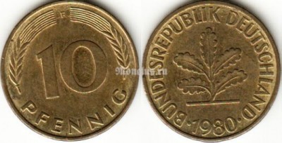 Монета Германия 10 пфеннигов 1980 год F