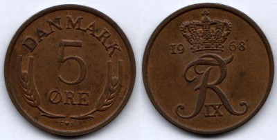монета Дания 5 эре 1968 год