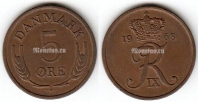 монета Дания 5 эре 1968 год