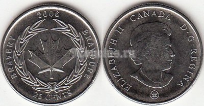 Монета Канада 25 центов 2006 год Медаль за храбрость - кленовый лист