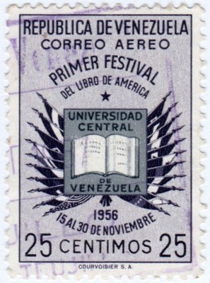 марка Венесуэла 25 сентимо "Book and Flag of American Nations" 1957 год гашение
