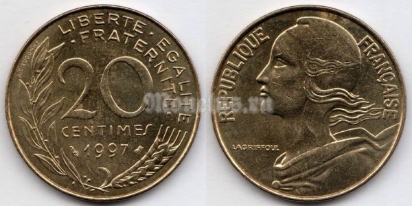 монета Франция 20 сантимов 1997 год