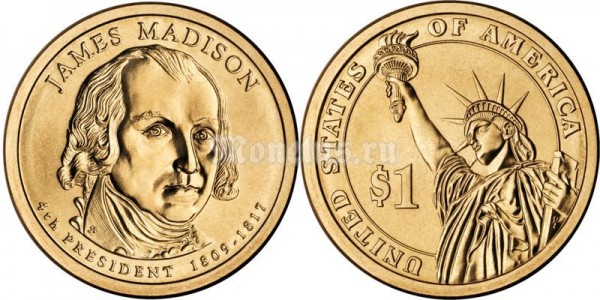 Монета 1 доллар 2007 год Джеймс Мэдисон 4-й президент США