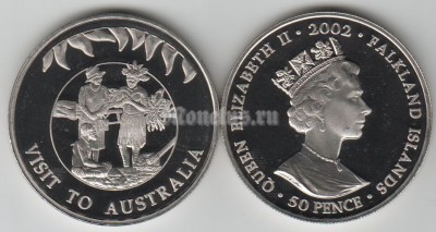 монета Фолклендские острова 50 пенсов 2002 год золотой юбилей Елизавета II - визит в Австралию