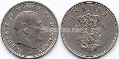 монета Дания 1 крона 1971 год