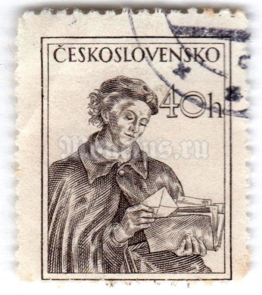 марка Чехословакия 40 геллер "Post woman" 1954 год Гашение