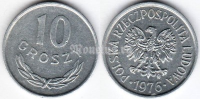 монета Польша 10 грошей 1976 год