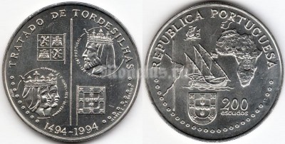 монета Португалия 200 эскудо 1994 год Великие географические открытия Тордесийский договор