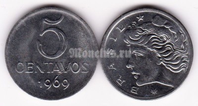 монета Бразилия 5 сентаво 1969 год