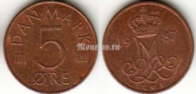 Монета Дания 5 эре 1987 год