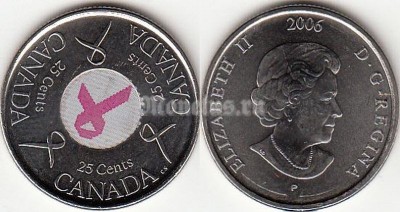 Монета Канада 25 центов 2006 год Розовая Лента — против рака молочной железы., эмаль
