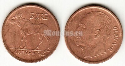 монета Норвегия 5 оре 1965 год Лось