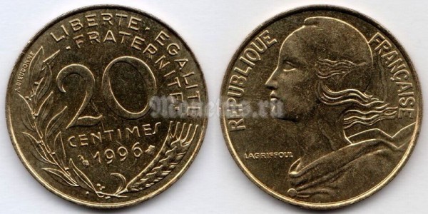монета Франция 20 сантимов 1996 год