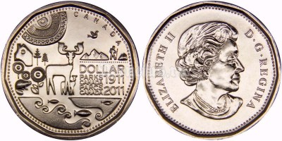 монета Канада 1 доллар 2011 год - 100 лет организации Парки Канады 
