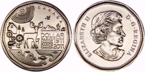 монета Канада 1 доллар 2011 год - 100 лет организации Парки Канады 