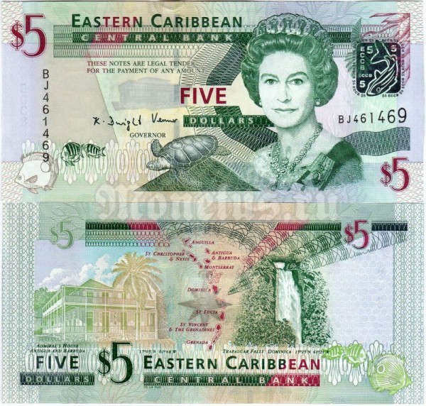 банкнота Восточные Карибы 5 долларов 2008 год