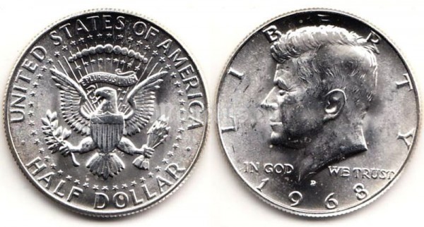 Монета США 50 центов 1968D год