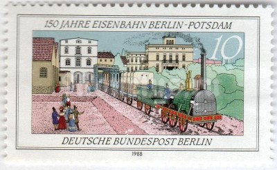 марка Западный Берлин 10 пфенниг "Potsdam trainstation, Berlin (1838)" 1988 год