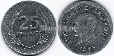 монета Сальвадор 25 сентаво 1988 год