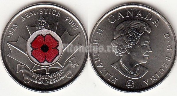 Монета Канада 25 центов 2008 год 90-летие с начала чествования Дня Памяти по жертвам войн