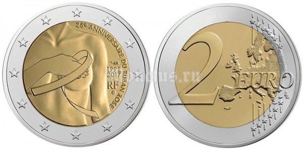 монета Франция 2 евро 2017 год - 25 лет Розовой ленте