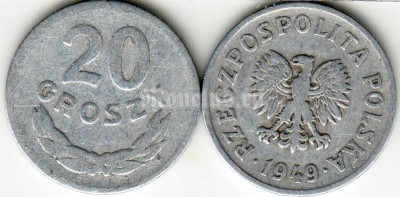 монета Польша 20 грошей 1949 год Алюминий