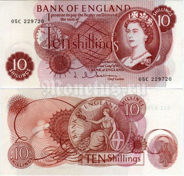 банкнота Великобритания 10 шиллингов 1966 - 1970 год, подпись №2