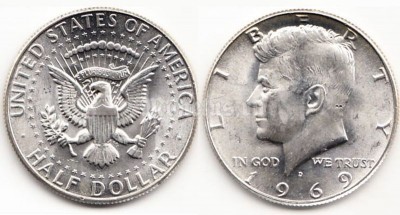 Монета США 50 центов 1969D год