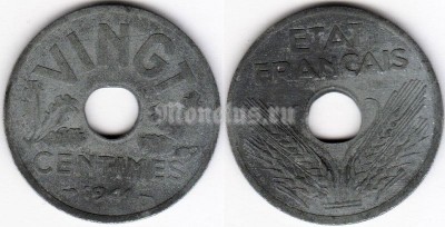 монета Франция 20 сантимов 1941 год Правительство Виши "VINGT"