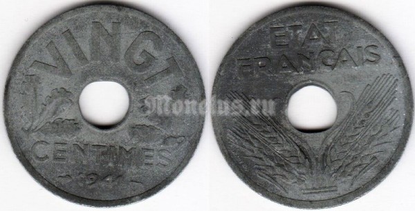 монета Франция 20 сантимов 1941 год Правительство Виши "VINGT"