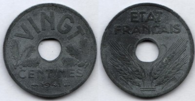 монета Франция 20 сантимов 1941 год Правительство Виши "VINGT"
