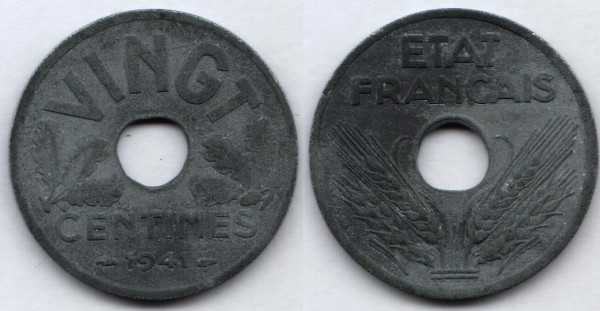 монета Франция 20 сантимов 1941 год Правительство Виши "VINGT"